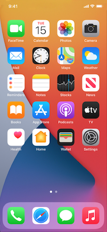 iOS 14 home screen showing the Battery, Weather and News widgets placed among the app icons