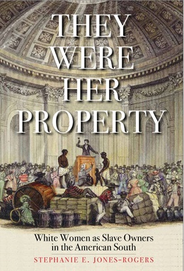 The cover depicts an illustration of a slave auction in a large room with an ornate ceiling, where enslaved people stand on an auction block and the auctioneer is centered behind a dais. An audience of white people surround them, several of whom wear dresses.