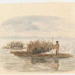 Ngarrindjeri raft with people cooking, a fire and a windbreak