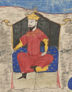 Alp Arslan on throne Majma al-Tawarikh by Hafiz Abru (cropped).png