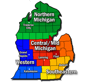 Regions and major cities of the Lower Peninsula