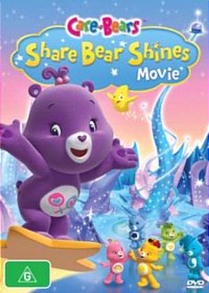 A purple bear (Share Bear) is riding upon a star. Beneath her, other Care Bears (Cheer, Grumpy, Funshine, Oopsy and Bedtime) are standing in different poses on an icy surface.