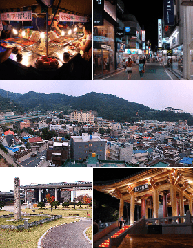 Above:Badhoe Pojangmacha Street Restaurant, Geumnamo Shopping district  Middle:Panorama view of resident area of Gwangsan-gu Bottom:Gwangju Folk Museum, Democracy Bell in Denman Estate Park (All items are left to right)