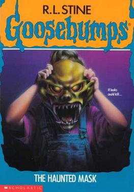 Cover of the book, showing a girl holding a green Halloween mask over her face