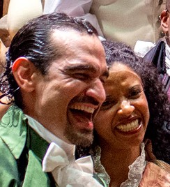 Renée Elise Goldsberry and Javier Muñoz in Hamilton costume, July 2015