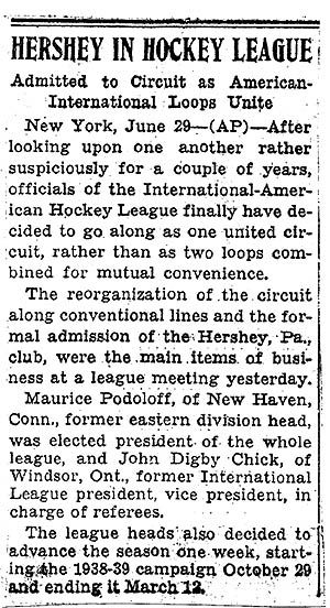 "Hershey in Hockey League" (from The Philadelphia Record, 6-29-1938)