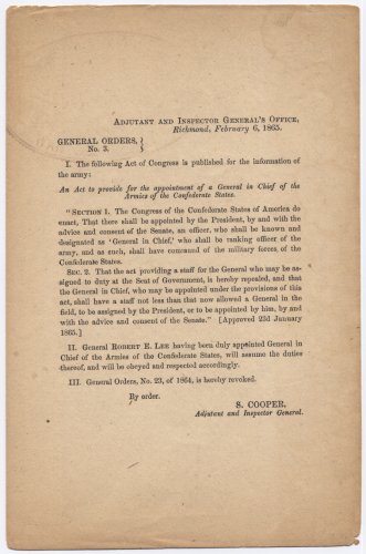 Adj Cooper order to Lee, Gen-in-Chief Feb 1865