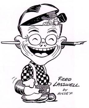 Caricature of Fred Lasswell, featuring Snuffy Smith peeking out from inside Lasswell's head