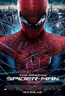 Spider-Man, wounded, is covered in a spider-web with New York City in the background and as a reflection in his mask. Text at the bottom of the reveals the title, release date, official site of the film, rating and production credits.