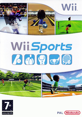 Artwork of a vertical rectangular box. The top third displays three screen shots from the game: two characters with boxing gloves fighting in a boxing ring, a character holding a bowling ball at a ball pit, and a character holding a golf at the putting green of a golf course The Wii logo is shown at the upper left corner. The center portion reads "Wii Sports" over five blue boxes depicting different sports equipment. The third displays two more screen shots from the game: a character holding a Tennis racket at a Tennis Court and a character swinging a Baseball bat in a stadinm. The PEGI "7+" rating is shown on the bottom left corner and the Nintendo logo is on the bottom right corner.