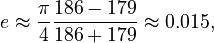 e \approx \frac{\pi}{4} \frac{186 - 179}{186 + 179} \approx 0.015,