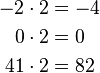 {\displaystyle \begin{align}
-2 \cdot 2 &= -4 \\
 0 \cdot 2 &= 0 \\
 41 \cdot 2 &= 82
\end{align}}