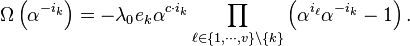 \Omega \left(\alpha^{-i_k}\right) = -\lambda_0 e_k\alpha^{c\cdot i_k}\prod_{\ell\in\{1,\cdots,v\}\setminus\{k\}} \left(\alpha^{i_\ell}\alpha^{-i_k} - 1\right).