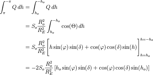 \begin{align}
  \int_\pi^{-\pi}Q\,dh &= \int_{h_o}^{-h_o}Q\,dh \\[5pt]
    &=  S_o\frac{R_o^2}{R_E^2}\int_{h_o}^{-h_o}\cos(\Theta)\, dh \\[5pt]
    &=  S_o\frac{R_o^2}{R_E^2}\Bigg[ h \sin(\varphi)\sin(\delta) + \cos(\varphi)\cos(\delta)\sin(h) \Bigg]_{h=h_o}^{h=-h_o} \\[5pt]
    &= -2 S_o\frac{R_o^2}{R_E^2}\left[ h_o \sin(\varphi) \sin(\delta) + \cos(\varphi) \cos(\delta) \sin(h_o) \right]
\end{align}