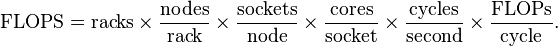 \text{FLOPS} = \text{racks} \times \frac{\text{nodes}}{\text{rack}} \times \frac{\text{sockets}}{\text{node}} \times \frac{\text{cores}}{\text{socket}} \times \frac{\text{cycles}}{ \text{second}} \times \frac{\text{FLOPs}}{\text{cycle}}.