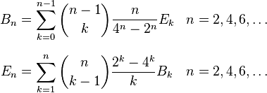 \begin{align}
 B_n &= \sum_{k=0}^{n-1}\binom{n-1}{k} \frac{n}{4^n-2^n}E_k & n&=2, 4, 6, \ldots \\[6pt]
 E_n &= \sum_{k=1}^n \binom{n}{k-1} \frac{2^k-4^k}{k} B_k & n&=2,4,6,\ldots
\end{align}