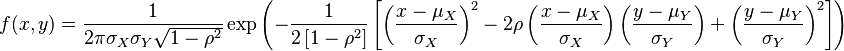 {\displaystyle 
f(x,y) =
      \frac{1}{2 \pi  \sigma_X \sigma_Y \sqrt{1-\rho^2}}
      \exp
        \left( -\frac{1}{2\left[1 - \rho^2\right]}\left[
          \left(\frac{x-\mu_X}{\sigma_X}\right)^2 -
          2\rho\left(\frac{x - \mu_X}{\sigma_X}\right)\left(\frac{y - \mu_Y}{\sigma_Y}\right) +
          \left(\frac{y - \mu_Y}{\sigma_Y}\right)^2 
        \right]
       \right)
}