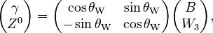  \begin{pmatrix}
\gamma \\
Z^0 \end{pmatrix} = \begin{pmatrix}
\cos \theta_\text{W} & \sin \theta_\text{W} \\
-\sin \theta_\text{W} & \cos \theta_\text{W} \end{pmatrix} \begin{pmatrix}
B \\
W_3 \end{pmatrix} ,