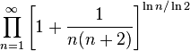  \prod_{n=1}^\infty \left[{1+{1\over n(n+2)}}\right]^{\ln n/\ln 2}