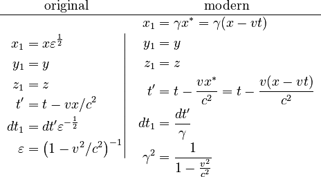 \begin{matrix}\text{original} & \text{modern}\\
\hline \left.\begin{align}x_{1} & =x\varepsilon^{\frac{1}{2}}\\
y_{1} & =y\\
z_{1} & =z\\
t^{\prime} & =t-vx/c^{2}\\
dt_{1} & =dt^{\prime}\varepsilon^{-\frac{1}{2}}\\
\varepsilon & =\left(1-v^{2}/c^{2}\right)^{-1}
\end{align}
\right| & \begin{align}x_{1} & =\gamma x^{\ast}=\gamma(x-vt)\\
y_{1} & =y\\
z_{1} & =z\\
t^{\prime} & =t-\frac{vx^{\ast}}{c^{2}}=t-\frac{v(x-vt)}{c^{2}}\\
dt_{1} & =\frac{dt^{\prime}}{\gamma}\\
\gamma^{2} & =\frac{1}{1-\frac{v^{2}}{c^{2}}}
\end{align}
\end{matrix}