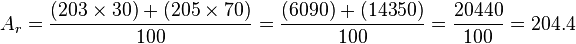 A_r = \frac{(203\times30)+(205\times70)}{100} = \frac{(6090)+(14350)}{100} = \frac{20440}{100} = 204.4