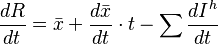 \frac{dR}{dt}= \bar{ x } + \frac{d\bar{x}}{dt} \cdot t - \sum \frac{dI^{h}}{dt}