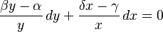 \frac{\beta y - \alpha}{y} \,dy + \frac{\delta x - \gamma}{x} \,dx = 0