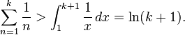  \sum_{n=1}^k \frac{1}{n} > \int_1^{k+1} \frac{1}{x}\,dx = \ln(k+1). 