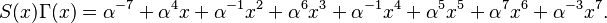 S(x)\Gamma(x)=\alpha^{-7}+\alpha^{4}x+\alpha^{-1}x^2+\alpha^{6}x^3+\alpha^{-1}x^4+\alpha^{5}x^5+\alpha^{7}x^6+\alpha^{-3}x^7.