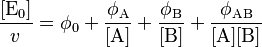 
\frac{[\mathrm{E_0}]}{v} =
\phi_0 + 
\frac{\phi_\mathrm{A}}{[\mathrm{A}]} +
\frac{\phi_\mathrm{B}}{[\mathrm{B}]} +
\frac{\phi_\mathrm{AB}}{[\mathrm{A}][\mathrm{B}]}
