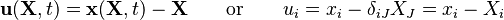 {\displaystyle \mathbf u(\mathbf X, t) = \mathbf x(\mathbf X, t) - \mathbf X \qquad \text{or} \qquad u_i = x_i - \delta_{iJ} X_J = x_i - X_i }