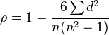 \rho=1-\cfrac {6\sum d^2}{n(n^2-1)}