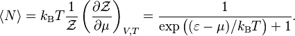  \langle N\rangle = k_{\rm B} T \frac{1}{\mathcal Z} \left(\frac{\partial \mathcal Z}{\partial \mu}\right)_{V,T} = \frac{1}{\exp\big((\varepsilon-\mu)/k_{\rm B} T\big) + 1}. 