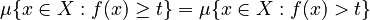 {\displaystyle \mu\{x\in X: f(x) \geq t\} = \mu\{x\in X: f(x) > t\}}