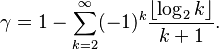 {\displaystyle \gamma = 1 - \sum_{k=2}^\infty (-1)^k\frac{\left\lfloor\log_2 k\right\rfloor}{k+1}.}