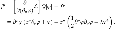 \begin{align}
  j^\mu & = \left[\frac{\partial}{\partial(\partial_\mu\varphi)}\mathcal{L}\right]Q[\varphi]-f^\mu \\
        & = \partial^\mu\varphi\left(x^\nu\partial_\nu\varphi + \varphi\right) - x^\mu\left(\frac 1 2 \partial^\nu\varphi\partial_\nu\varphi - \lambda\varphi^4\right).
\end{align}