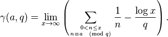 {\displaystyle \gamma(a,q) = \lim_{x\to \infty}\left (\sum_{0<n\le x \atop n\equiv a \pmod q} \frac1{n}-\frac{\log x}{q}\right).}