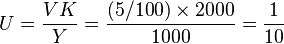  U = \frac{VK}{Y} = \frac{(5/100) \times 2000}{1000} = \frac{1}{10} 