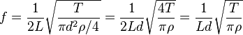 f = \frac{1}{2L}\sqrt{\frac{T}{\pi d^2\rho/4}}
         = \frac{1}{2Ld}\sqrt{\frac{4T}{\pi\rho}}
         = \frac{1}{Ld}\sqrt{\frac{T}{\pi\rho}}