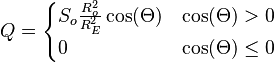 Q = \begin{cases} S_o \frac{R_o^2}{R_E^2}\cos(\Theta) & \cos(\Theta) > 0 \\  0 & \cos(\Theta) \le 0 \end{cases}