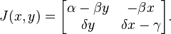 {\displaystyle J(x, y) = \begin{bmatrix} 
 \alpha - \beta y & -\beta x \\
 \delta y & \delta x - \gamma
\end{bmatrix}.}