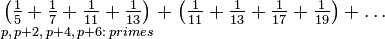 \underset{p,\, p+2,\, p+4,\, p+6: \, {primes}}  {\left(\tfrac1{5} + \tfrac1{7} + \tfrac1{11} + \tfrac1{13}\right)}+ \left(\tfrac1{11} + \tfrac1{13} + \tfrac1{17} + \tfrac1{19}\right)+ \dots