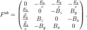 F^{ab} = \left(
\begin{matrix}
0 & -\frac {E_x}{c} & -\frac {E_y}{c} & -\frac {E_z}{c} \\
\frac{E_x}{c} & 0 & -B_z & B_y \\
\frac{E_y}{c}  & B_z & 0 & -B_x \\
\frac{E_z}{c} & -B_y & B_x & 0
\end{matrix}
\right) .