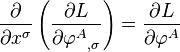 
  \frac{\partial}{\partial x^\sigma} \left( \frac{\partial L}{\partial {\varphi^A}_{,\sigma}} \right) =
  \frac{\partial L}{\partial\varphi^A}
