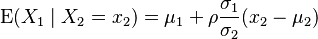 \operatorname{E}(X_1 \mid X_2=x_2) = \mu_1 + \rho \frac{\sigma_1}{\sigma_2}(x_2 - \mu_2)