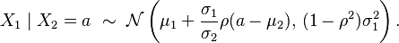 X_1\mid X_2=a \ \sim\ \mathcal{N}\left(\mu_1+\frac{\sigma_1}{\sigma_2}\rho( a - \mu_2),\, (1-\rho^2)\sigma_1^2\right). 