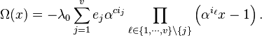 \Omega(x) = -\lambda_0\sum_{j=1}^v e_j\alpha^{c i_j} \prod_{\ell\in\{1,\cdots,v\}\setminus\{j\}} \left(\alpha^{i_\ell}x - 1\right).