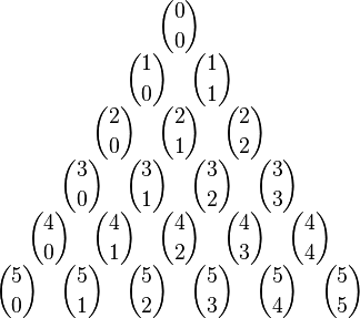 \begin{array}{c}
\dbinom{0}{0} \\
                                \dbinom{1}{0} \quad \dbinom{1}{1} \\
                        \dbinom{2}{0} \quad \dbinom{2}{1} \quad \dbinom{2}{2} \\
                \dbinom{3}{0} \quad \dbinom{3}{1} \quad \dbinom{3}{2} \quad \dbinom{3}{3} \\
        \dbinom{4}{0} \quad \dbinom{4}{1} \quad \dbinom{4}{2} \quad \dbinom{4}{3} \quad \dbinom{4}{4} \\
\dbinom{5}{0} \quad \dbinom{5}{1} \quad \dbinom{5}{2} \quad \dbinom{5}{3} \quad \dbinom{5}{4} \quad \dbinom{5}{5}
\end{array}