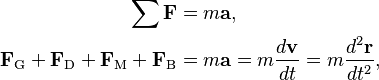 \begin{align}
\sum \mathbf{F} & = m\mathbf{a}, \\
\mathbf{F}_\text{G} + \mathbf{F}_\text{D} + \mathbf{F}_\text{M} + \mathbf{F}_\text{B} & = m \mathbf{a} = m \frac{d\mathbf{v}}{dt} = m\frac{d^2\mathbf{r}}{dt^2},
\end{align}