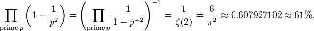 \prod_{\text{prime } p} \left(1-\frac{1}{p^2}\right) = \left( \prod_{\text{prime } p} \frac{1}{1-p^{-2}} \right)^{-1} = \frac{1}{\zeta(2)} = \frac{6}{\pi^2} \approx 0.607927102 \approx 61\%.